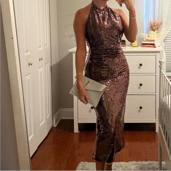 RONNY KOBO Alix Sequined Halter Gown Brown - Picture 14 of 16